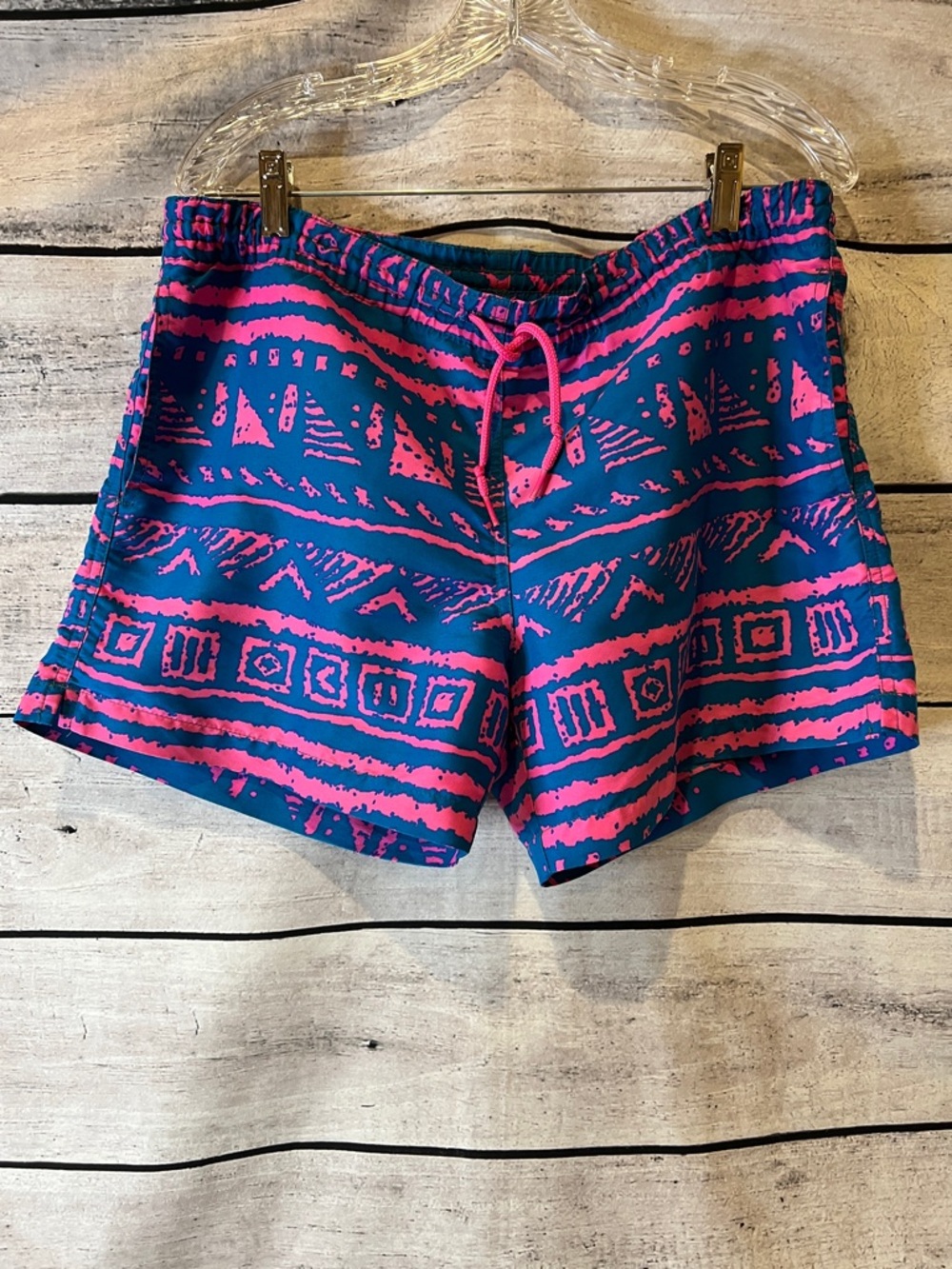 chubbies Blue & Hot Pink Geometric Aztec Print Swim Trunks Pink Drawstring
